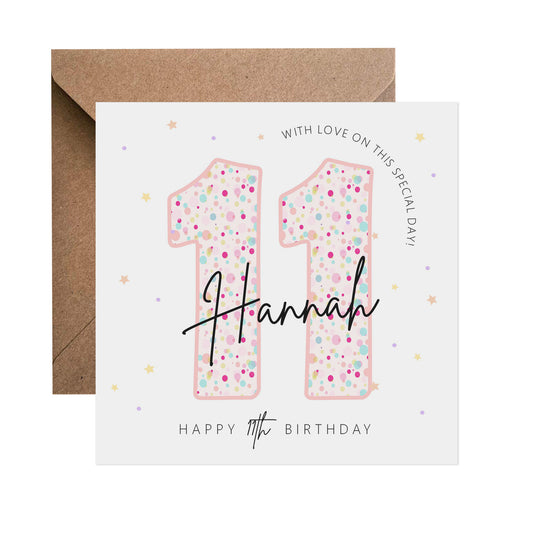 11th Birthday Card - Personalised Pink Pastel