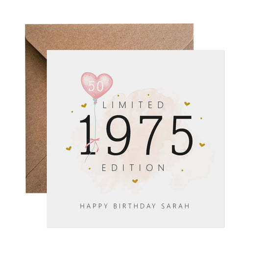 50th Birthday Card - Personalised Fifty Limited Edition Pink
