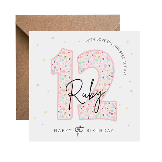 12th Birthday Card - Personalised Pink Pastel