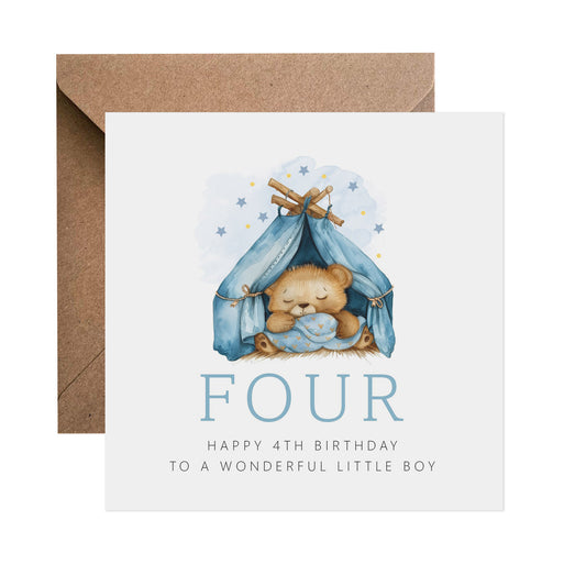 4th Birthday Card - Blue Teddy Camping