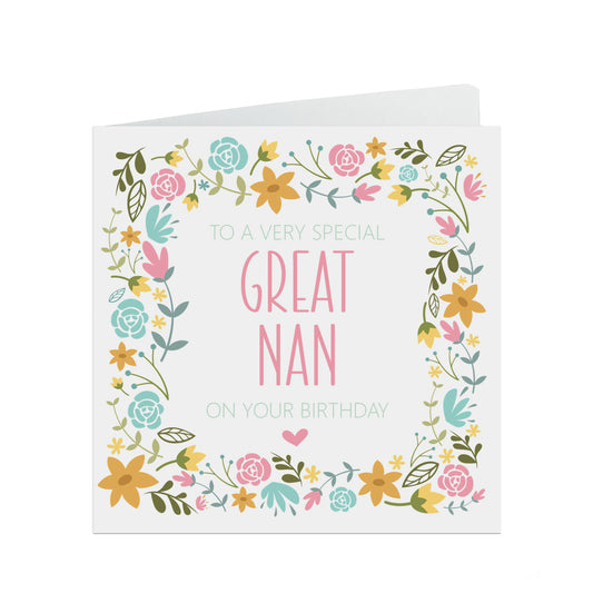 Great Nan Birthday Card, Pink Flowers Border