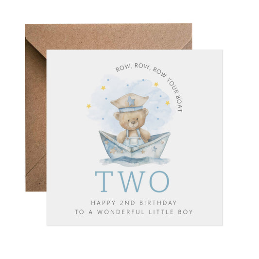 2nd Birthday Card - Blue Teddy In A Boat