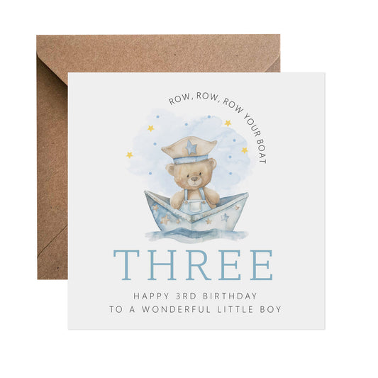 3rd Birthday Card - Blue Teddy In A Boat