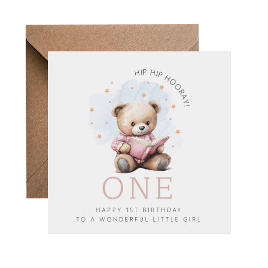 1st Birthday Card - Pink Teddy Reading