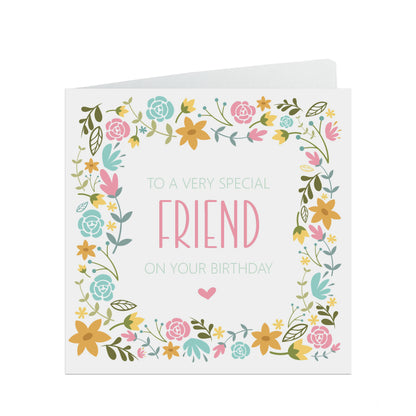 Friend Birthday Card, Pink Flowers Border