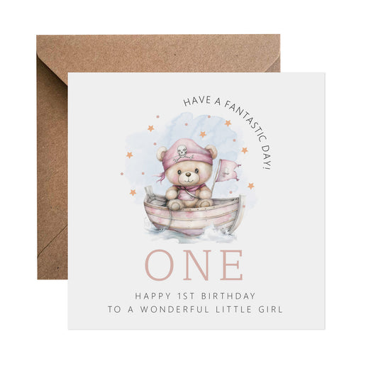 1st Birthday Card - Pink Teddy In A Boat