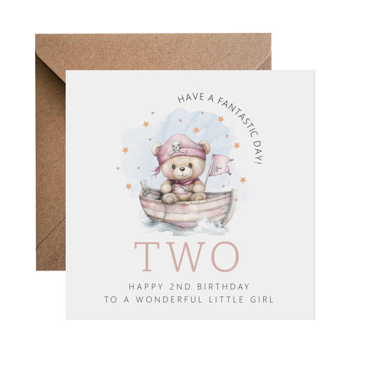 2nd Birthday Card - Pink Teddy In A Boat