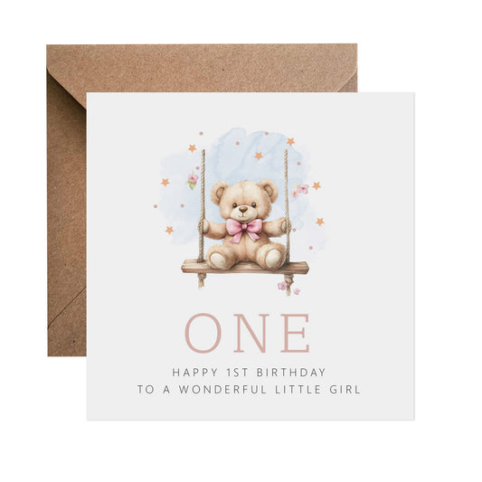 1st Birthday Card - Pink Teddy On A Swing