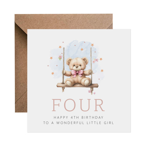 4th Birthday Card - Pink Teddy On A Swing