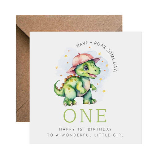1st Birthday Card - Dinosaur Baby For Girl
