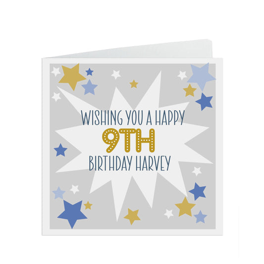  9th Birthday Card, Personalised Boys Blue & Gold Star Design - Son, Grandson, Nephew, Brother by PMPRINTED 