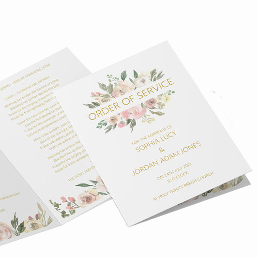  Order Of Service 4, 8 Or 12 Page Booklet, Blush Floral A5 Fully Printed For Wedding Service by PMPRINTED 