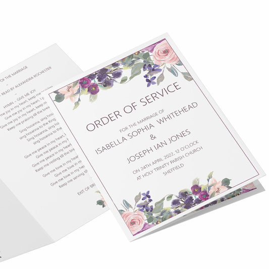  Order Of Service 4, 8 Or 12 Page Booklet, Purple Floral A5 Fully Printed For Marriage Service by PMPRINTED 
