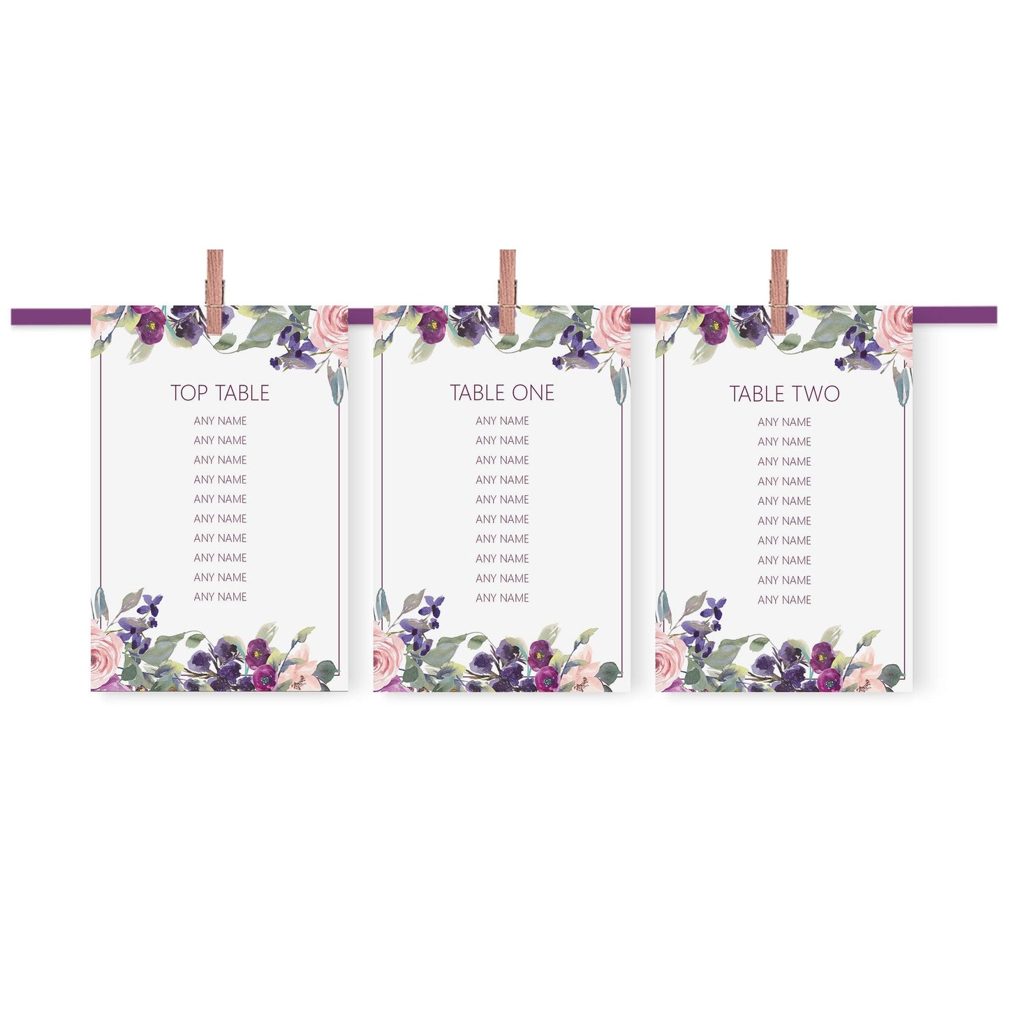  Purple Floral Wedding Table Plan Seating Hanging Cards - 3 Sizes Available by PMPRINTED 