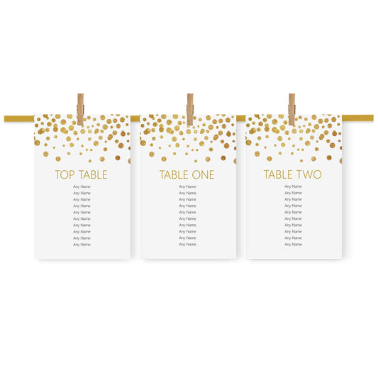  Gold Confetti Wedding Table Plan Seating Hanging Cards - 3 Sizes Available by PMPRINTED 