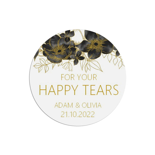  Black & Gold Happy Tears Stickers 37mm Round x 35 Personalised Stickers Per Sheet by PMPRINTED 