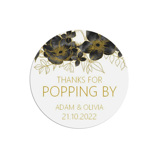  Black & Gold Thanks For Popping By Stickers 37mm Round x 35 Personalised Stickers Per Sheet by PMPRINTED 
