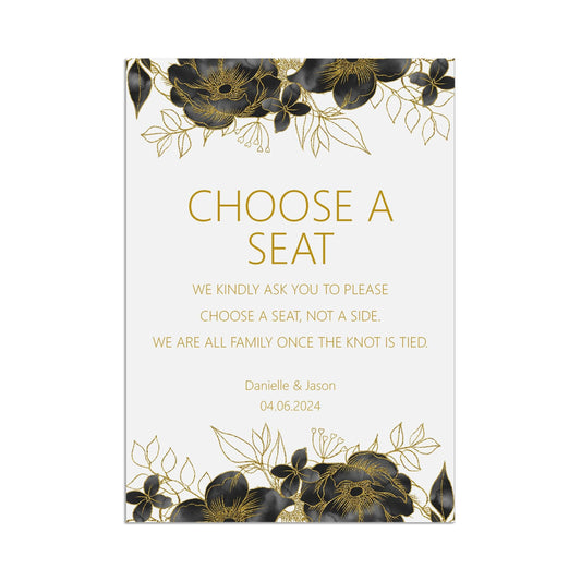  Choose A Seat, Ceremony Seating Black & Gold Wedding Sign, Personalised Printed Sign In Sizes A5, A4 or A3 by PMPRINTED 