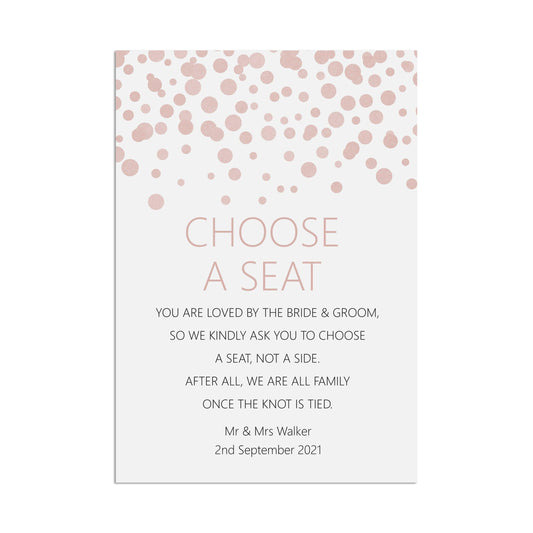 Choose A Seat Ceremony Wedding Sign, Blush Confetti Personalised A5, A4, Or A3 by PMPRINTED 