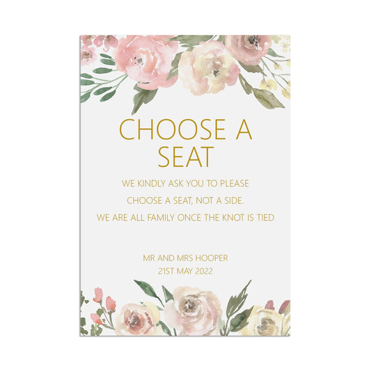  Choose A Seat Wedding Sign, Personalised Blush Floral A5, A4 Or A3 Sign by PMPRINTED 