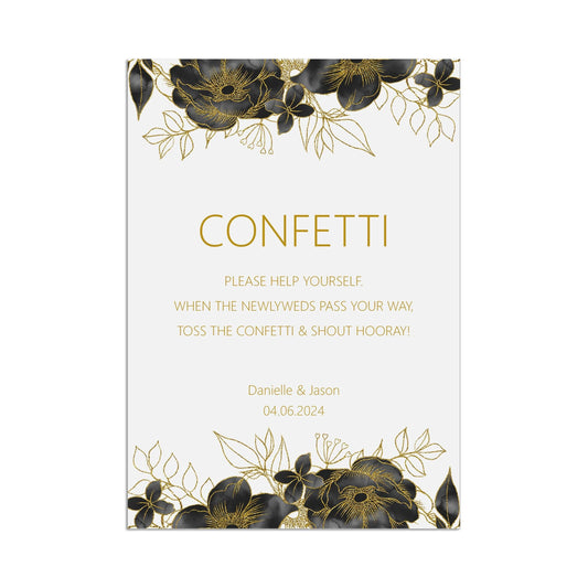  Confetti Black & Gold Wedding Sign, Personalised Printed Sign In Sizes A5, A4 or A3 by PMPRINTED 