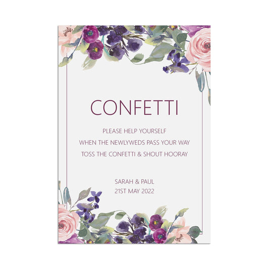  Confetti Wedding Sign Purple Floral Personalised A5, A4 Or A3 by PMPRINTED 