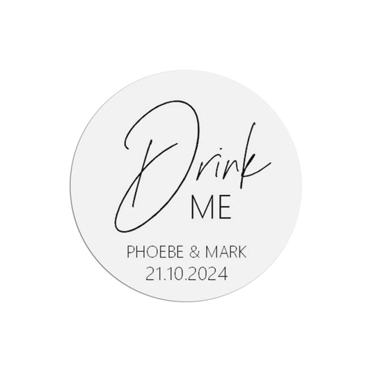  Drink Me Wedding Sticker, Black & White 37mm Round With Personalisation At The Bottom x 35 Stickers Per Sheet by PMPRINTED 