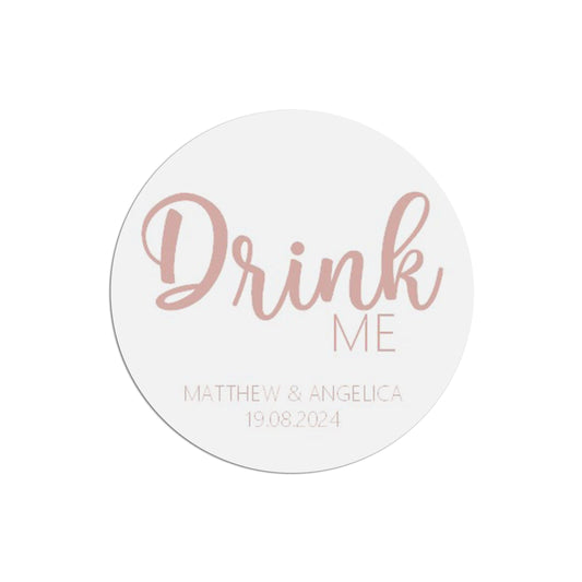  Drink Me Wedding Sticker, Rose Gold Effect 37mm Round With Personalisation At The Bottom x 35 Stickers Per Sheet by PMPRINTED 