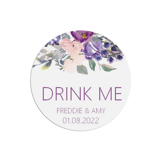  Drink Me Wedding Stickers, Purple Floral 37mm Round x 35 Stickers Per Sheet, Personalised At Bottom by PMPRINTED 