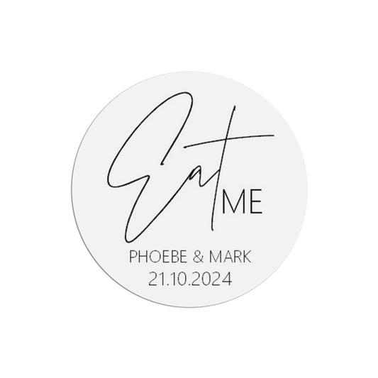  Eat Me Wedding Sticker, Black & White 37mm Round With Personalisation At The Bottom x 35 Stickers Per Sheet by PMPRINTED 