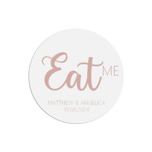  Eat Me Wedding Sticker, Rose Gold Effect 37mm Round With Personalisation At The Bottom x 35 Stickers Per Sheet by PMPRINTED 