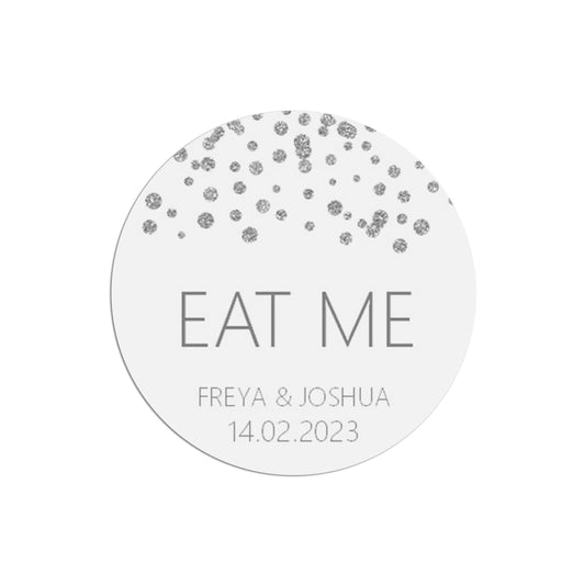  Eat Me Wedding Stickers, Silver Effect 37mm Round Personalised x 35 Stickers Per Sheet by PMPRINTED 