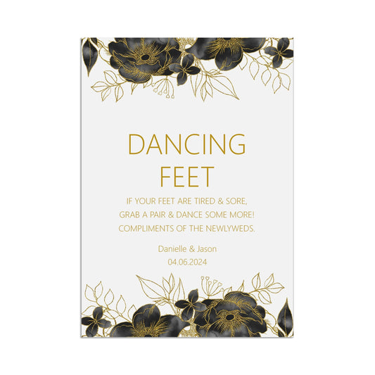  Flip Flop Dancing Feet Black & Gold Wedding Sign, Personalised Printed Sign In Sizes A5, A4 or A3 by PMPRINTED 