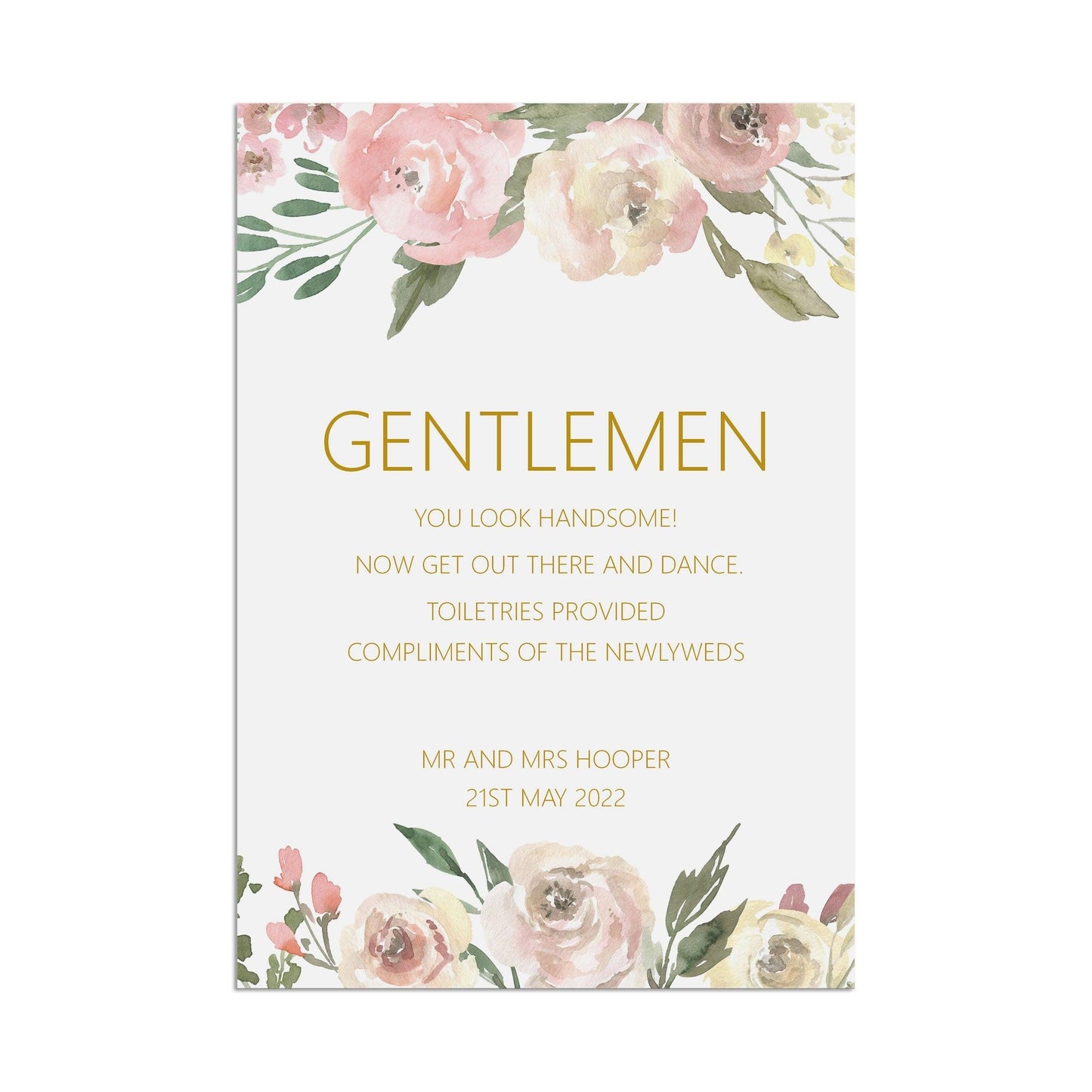  Gentlemen Toiletries Wedding Sign, Personalised Blush Floral A5, A4 Or A3 Sign by PMPRINTED 