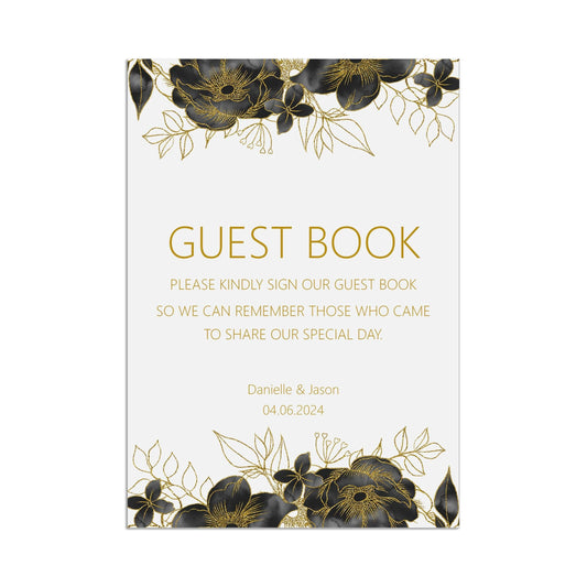  Guest Book Wedding Sign, Black & Gold Personalised Printed Sign In Sizes A5, A4 or A3 by PMPRINTED 
