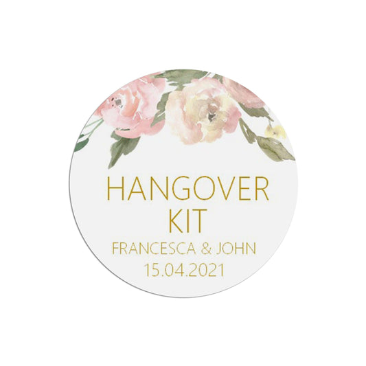  Hangover Kit Wedding Stickers Blush Floral 37mm Round With Personalisation At The Bottom x 35 Stickers Per Sheet by PMPRINTED 