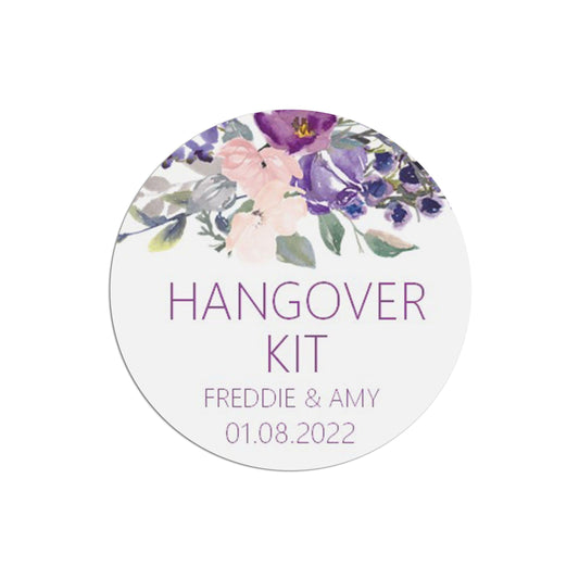  Hangover Kit Wedding Stickers, Purple Floral 37mm Round x 35 Stickers Per Sheet, Personalised At Bottom by PMPRINTED 