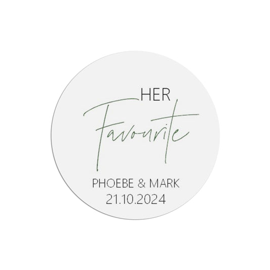  Her Favourite Wedding Sticker, Black & White 37mm Round With Personalisation At The Bottom x 35 Stickers Per Sheet by PMPRINTED 