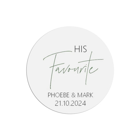  His Favourite Wedding Sticker, Black & White 37mm Round With Personalisation At The Bottom x 35 Stickers Per Sheet by PMPRINTED 