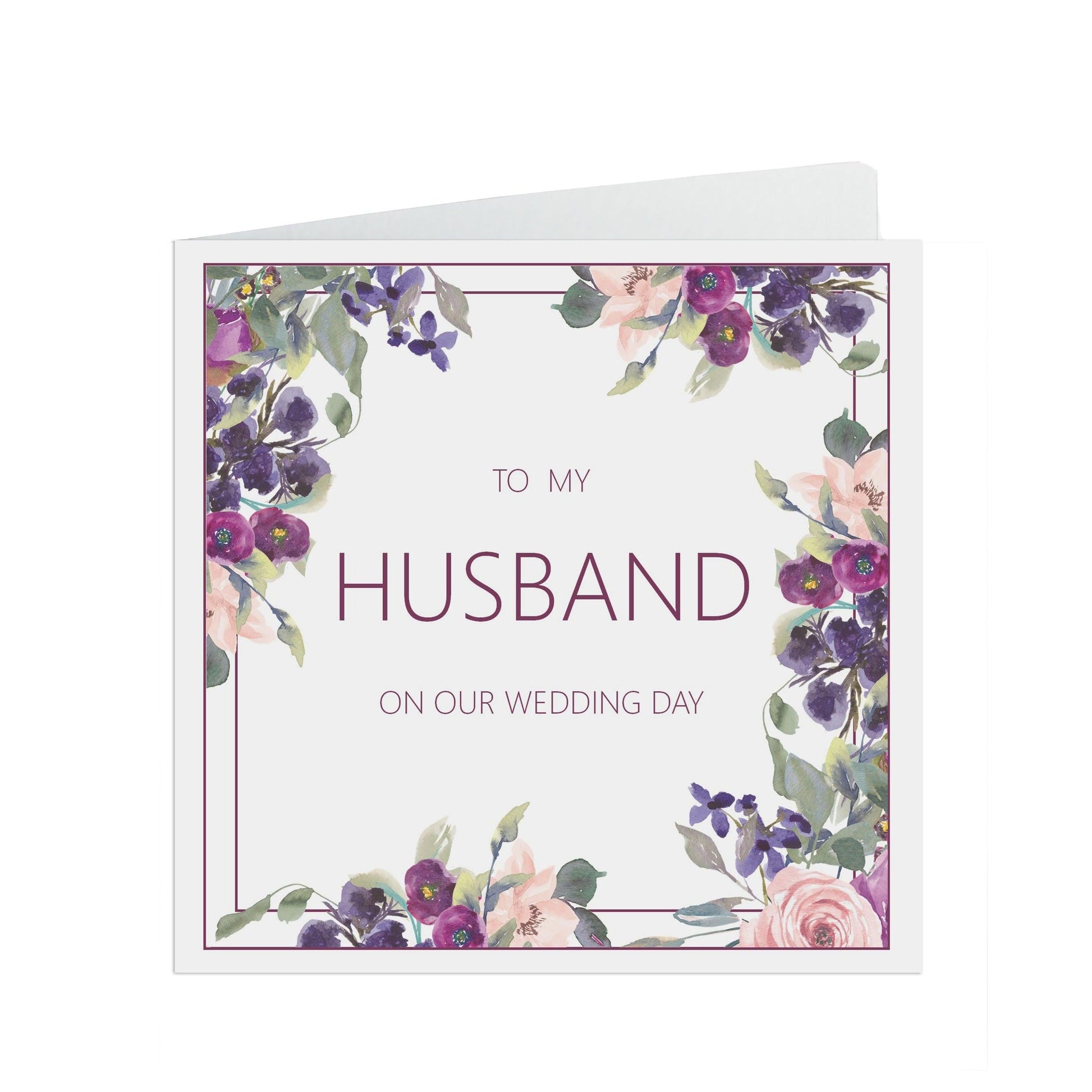 Husband Wedding Day Card, Purple Floral 6x6 Inches In Size With A Kraft Envelope by PMPRINTED 