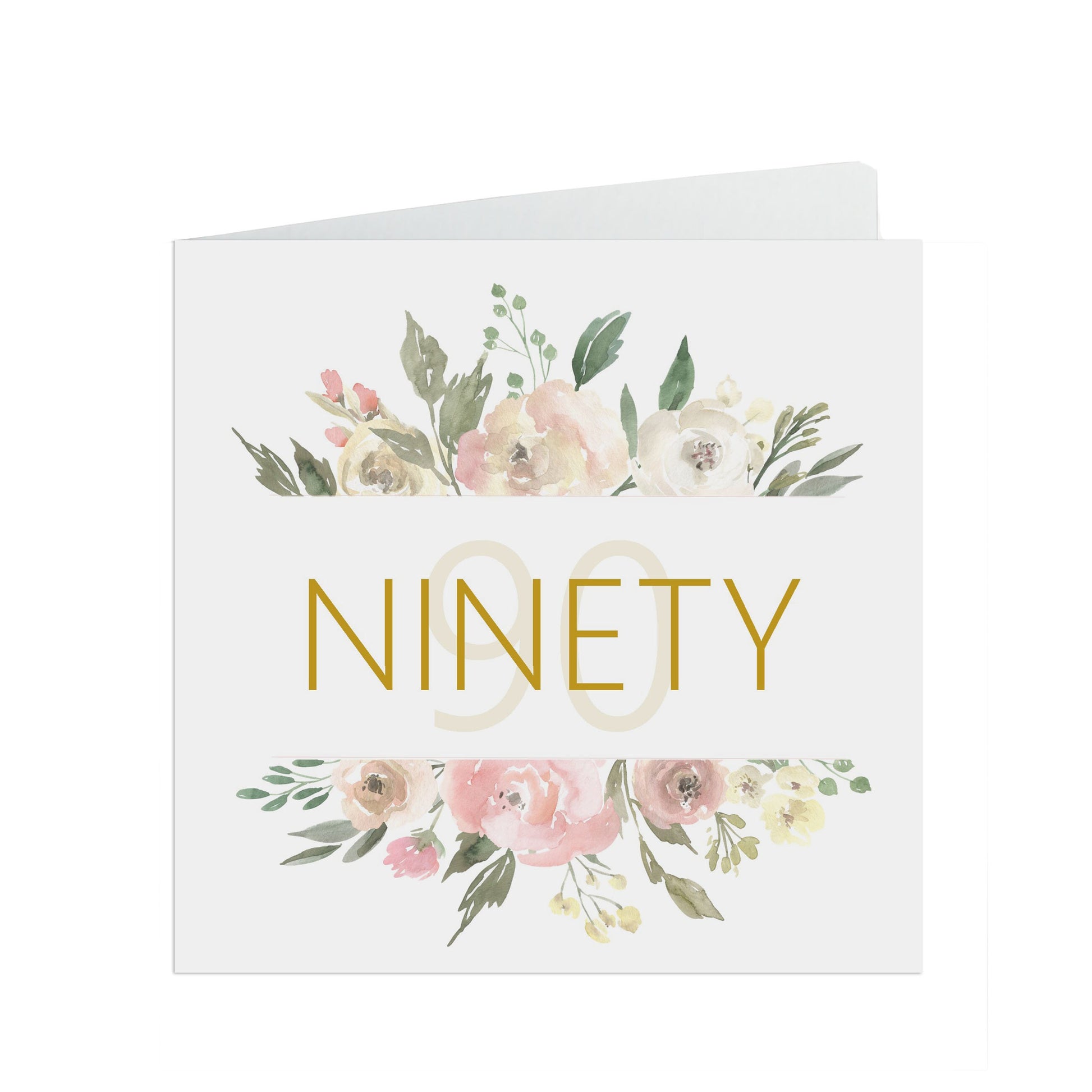 90th Birthday Card, Ninety Blush Flowers Border