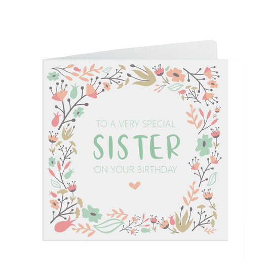 Sister Birthday Card, Sage & Peach Flower Design
