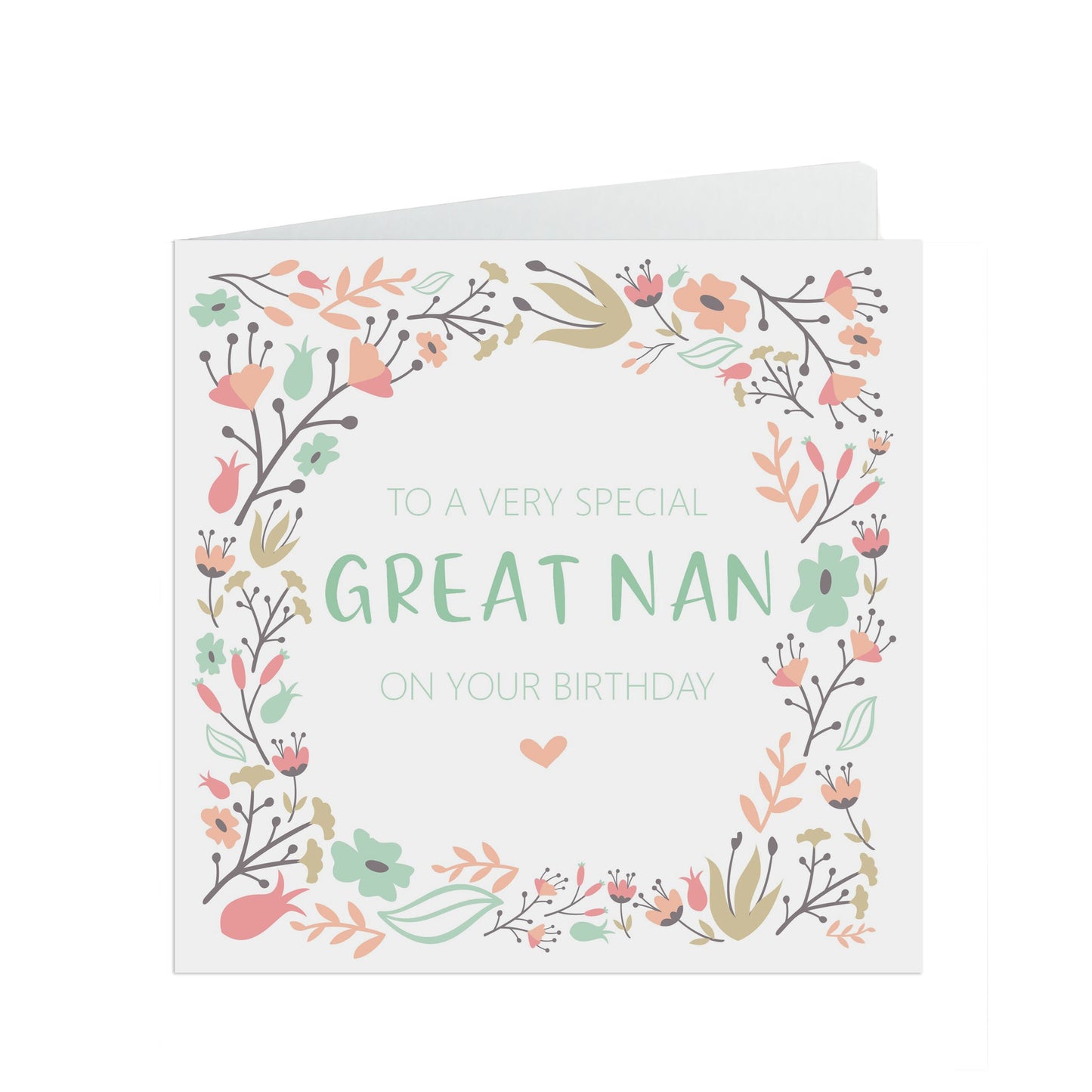 Great Nan Birthday Card, Sage & Peach Flower Design