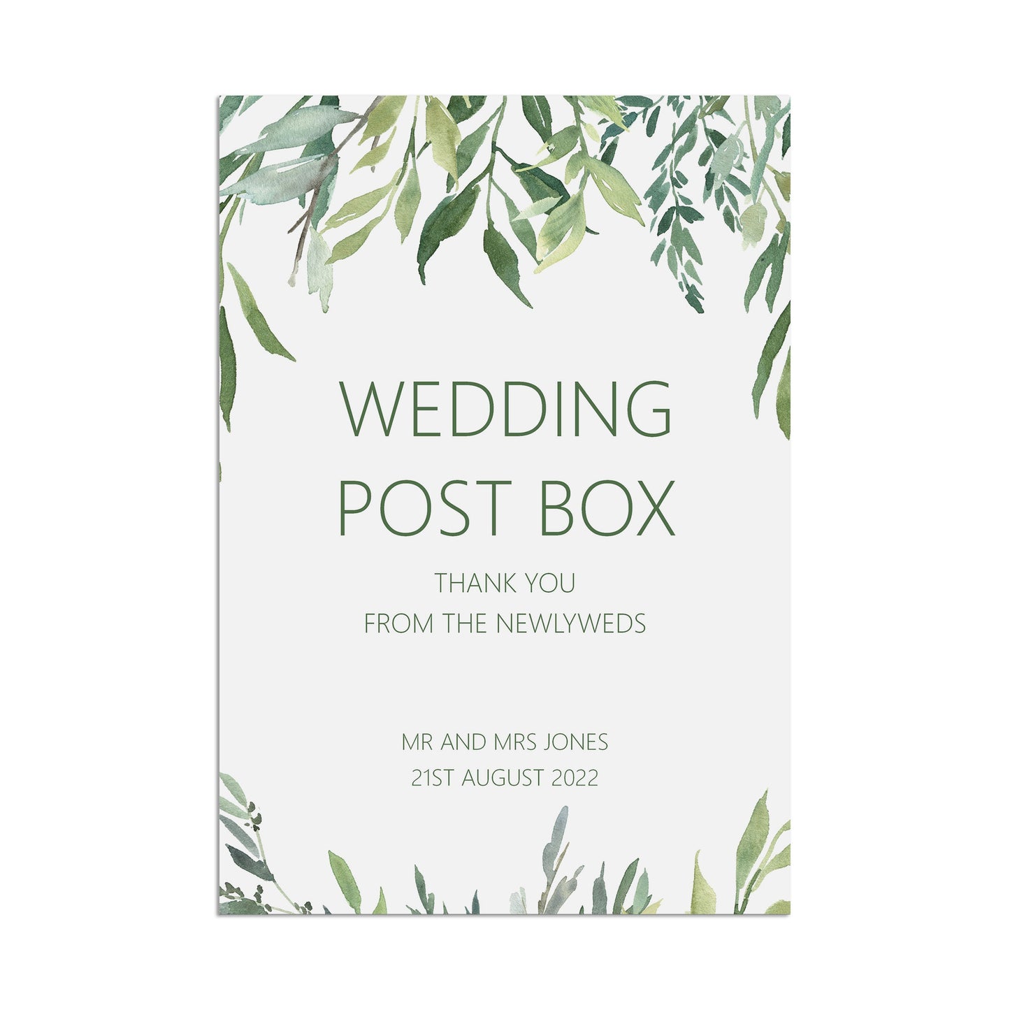 Wedding Post Box Sign, Personalised Greenery A5, A4 Or A3 Sign