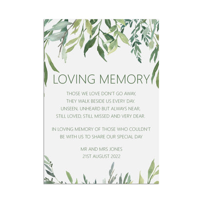 Loving Memory Remembrance Wedding Sign, Personalised Greenery A5, A4 Or A3 Sign