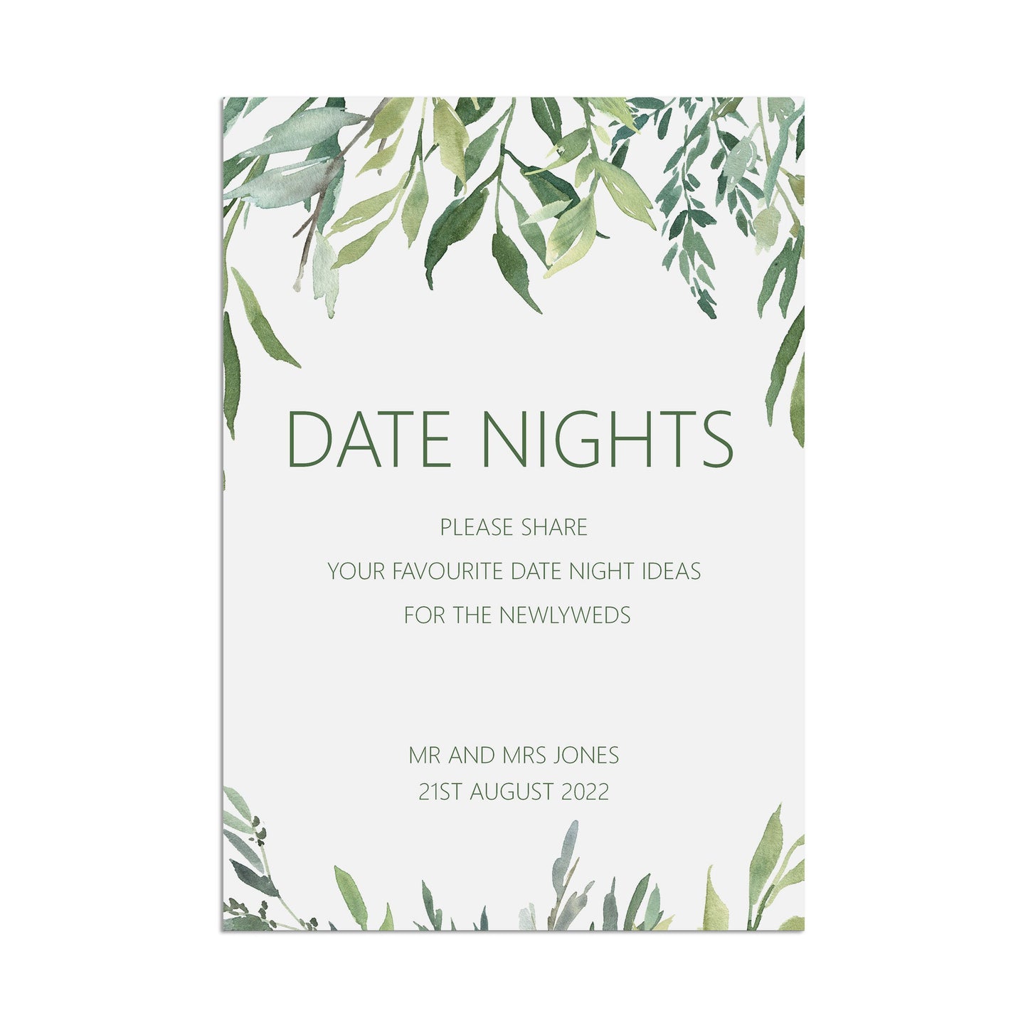 Date Nights Wedding Sign, Personalised Greenery A5, A4 Or A3 Sign