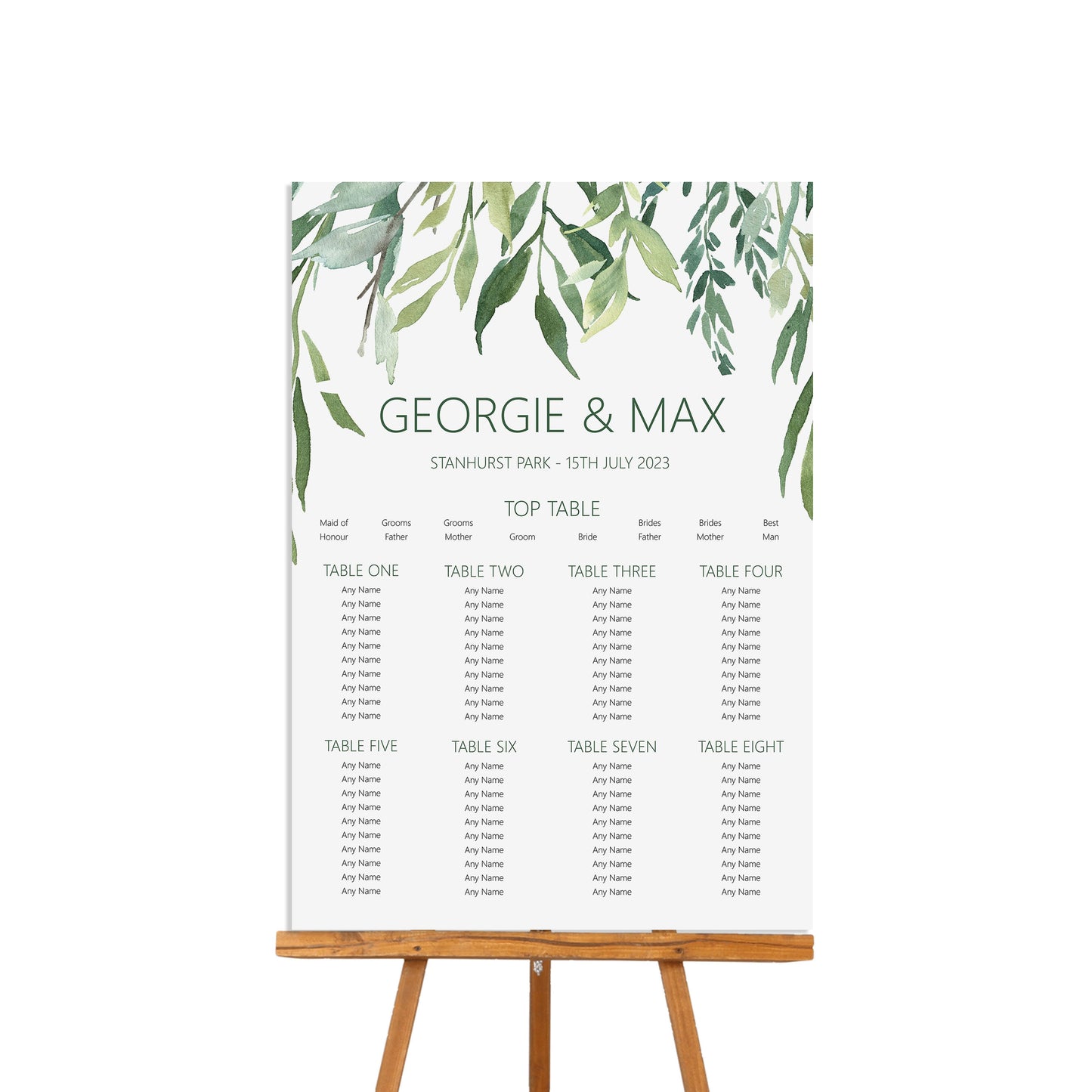 Greenery Wedding Table Plan Seating Chart - A2 Or A1