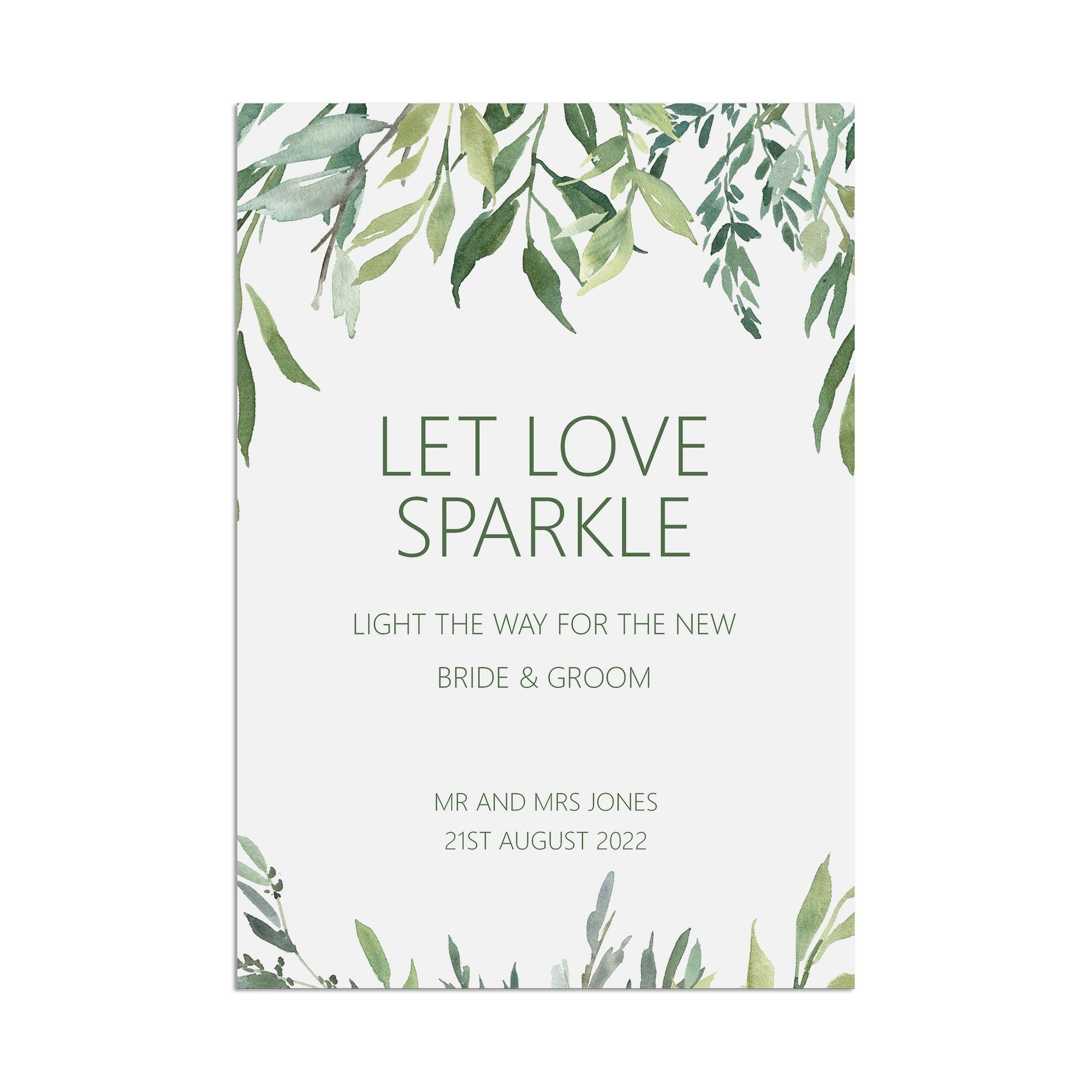 Let Love Sparkle Wedding Sign, Personalised Greenery A5, A4 Or A3 Sign