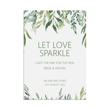 Let Love Sparkle Wedding Sign, Personalised Greenery A5, A4 Or A3 Sign