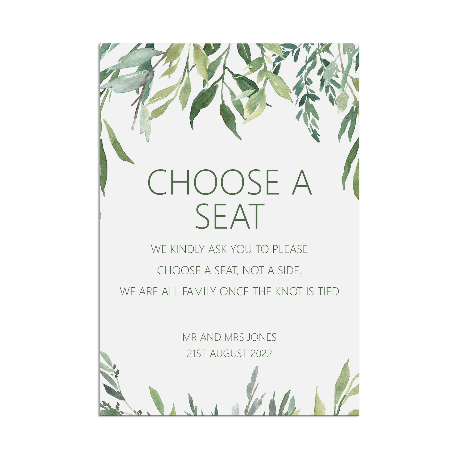Choose A Seat Ceremony Wedding Sign, Personalised Greenery A5, A4 Or A3 Sign